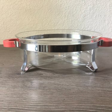 Vintage 1990's Bodum Chambord Bowl Clear Chrome Holders And Red Handles, Vintage Danish Glass,  Made in Denmark 