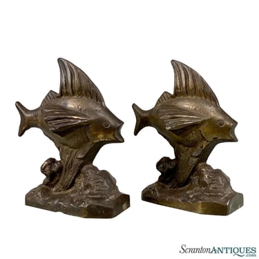 Antique Art Deco Cast Iron Angel Fish Library Bookends - A Pair