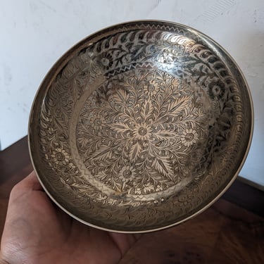 Vintage Silver Over Brass Bowl Hand Etched Floral Pattern India Taj Mahal 