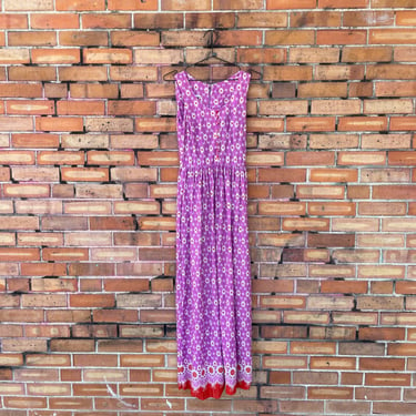 vintage 60s/70s magenta floral nylon maxi dress / xs extra small 