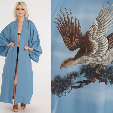 Japanese Falcon Kimono 80s Long Blue Robe Open Front Maxi Jacket Full Length Asian Bird Print House Coat Vintage 1980s Medium Extra Large 