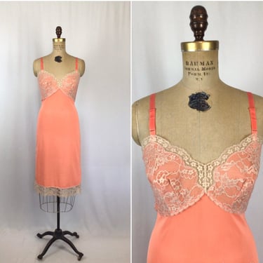 Vintage 60s slip | Vintage coral pink lace dress slip | 1960s Artemis full slip negligee 