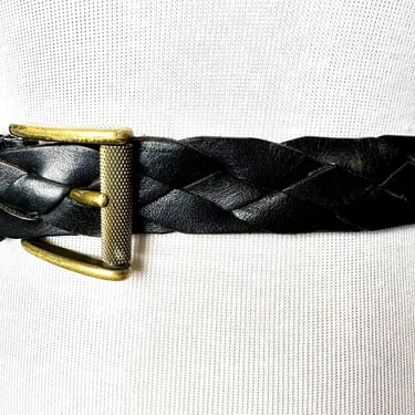 90’s black leather belt~ braided woven boho hippie style skinny trouser belt~ extra long /unisex androgynous/ open size up to 42” 