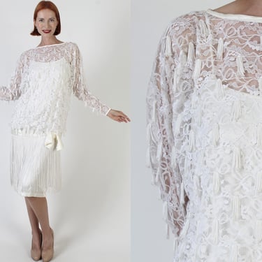 Lillie Rubin Drop Waist Dress / Vintage Art Deco Fringe Gown / Retro Victorian Wedding Midi Dress 