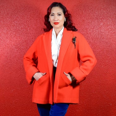1950s Coral Wool Swagger Jacket Parrot Applique 