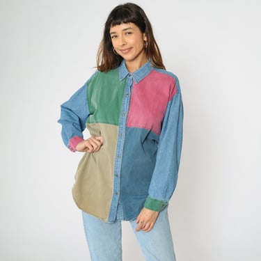 Vintage Color Block Jean Shirt 90s Long Sleeve Denim Top Blue Green Pink Tan Button Down Button Up Grunge 1990s Streetwear Large 