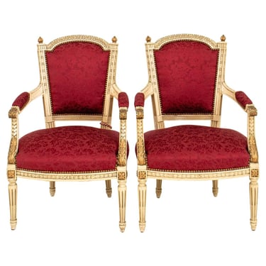 Louis XVI Style Gold & White Painted Arm Chairs, Pair