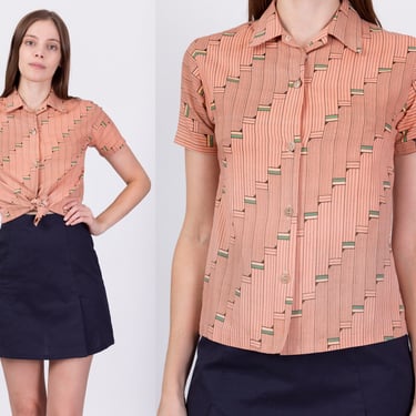 70s Mod Geometric Print Collared Top - Petite XS | Vintage Orange Short Sleeve Button Up Disco Shirt 