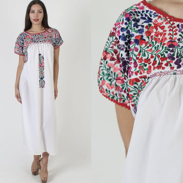 Mexican Hand Embroidered Oaxacan Dress, Plus Size San Antonio Floral Caftan 