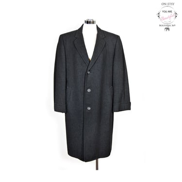 Mens Vintage 60's Overcoat Park Lane Black Wool Herringbone Coat 1960's, Near Mint, Jacket Warm Winter Long Suit Coat, 44" Chest 