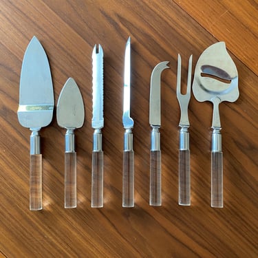 Set of 7 Stainless Steel Cutlery Serving Set by Frontier Forge. Japan. Lucite Handles. Midcentury Modern 