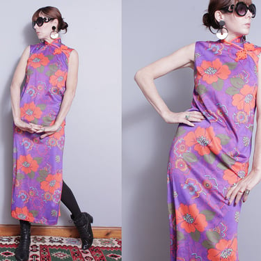 Vintage 1970's | Purple | Large Floral | Colorful | Mandarin Collar | Maxi | Dress | S 