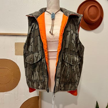 Vintage 90s Reversible Camo Print Orange Bright Distressed Lined Vest 