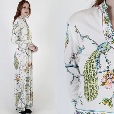 Authentic Maurice Designer White Jersey Peacock Print Maxi Dress 