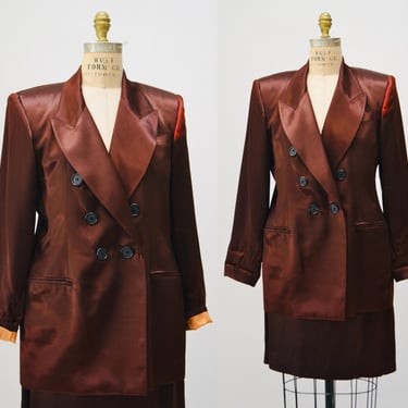 90s Vintage Brown Satin Jacket Blazer Suit Skirt Brown Chocolate Blazer 80s 90s Glam Power Suit Medium Large Criscione 90s Suit 