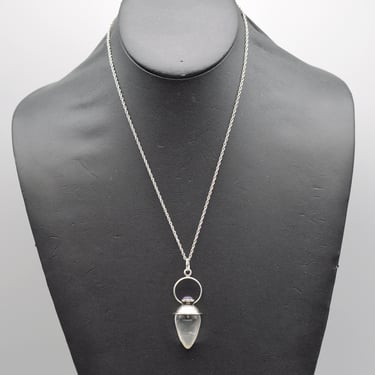 70's rock crystal amethyst sterling capped teardrop pendulum pendant, 925 silver quartz mystic necklace 