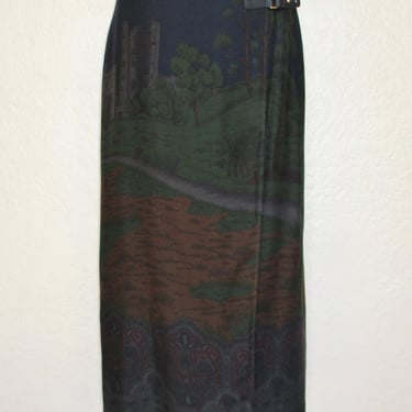 Vintage Ralph Lauren Wrap Skirt, Size 10 Women, countryside castle scene, wool blend 