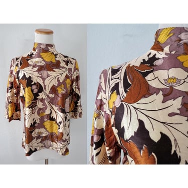 Vintage 60s Groovy Floral Blouse - Psychedelic Mod Flower Print Mock Neck Top - Shiny Short Sleeve Shirt - Size Medium 