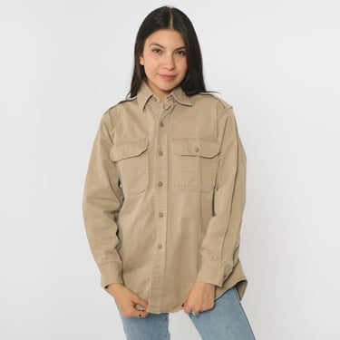 Vintage Khaki Workwear Shirt 80s Military Style Utility Button Down 1980s Long Sleeve Epaulet Chest Pockets Top Men's Medium 