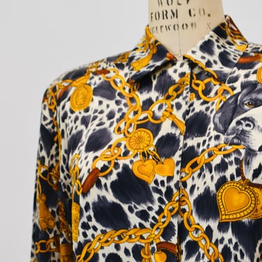 80s 90s Escada Top Vintage Silk Animal Dog Dalmatian Print Shirt Blouse // Vintage Silk Shirt Hunting Dog Print Shirt Dog lovers Gift 
