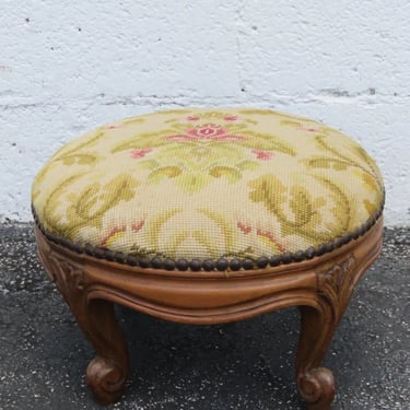 French Early 1900s Carved Tapestry Ottoman Footstool 4889