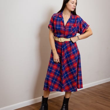 Size L/XL, 1980s Red and Blue Plaid Shirt Dress 