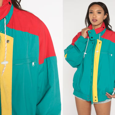 80s Windbreaker Color Block Jacket Teal Green Red Yellow Striped Zip Up Bomber Nylon Shell Coat Streetwear Vintage 1980s Extra Large xl 