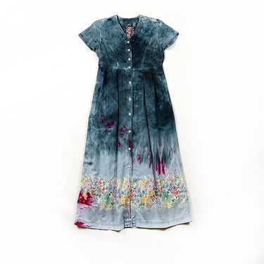 90s Liz Wear Denim Maxi Dress / Floral / Tie Dye / Grunge / Button Front / Short Sleeve / Shirt Dress / Clouds / Psychedelic / M / Medium 