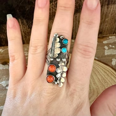 VINTAGE DOUBLE DECKER Silver Coral & Turquoise Ring | 1970s Large Statement Ring | 60s Native American Navajo Style Jewelry | Size 6 1/4 