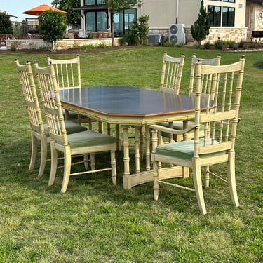 Mid Century Faux Bamboo 8-Piece Wooden Dining Set - Table, Leaf, 6 High Back Chairs 