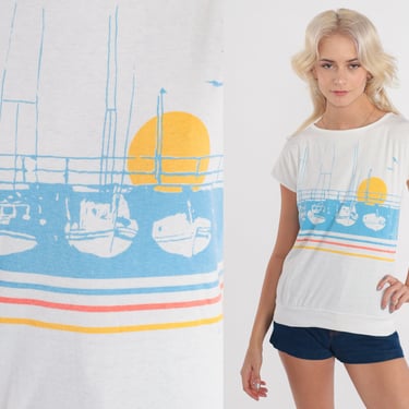 80s Sailboat Shirt 80s Slouchy Nautical Tshirt White Graphic Beach Blouse Cap Sleeve T Shirt 1980s Vintage Seagull Sunset Small 
