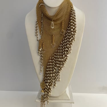 Ferrara Gold Mesh Bib Collar Pearls Beads