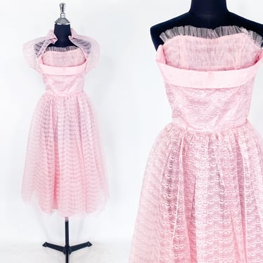 1940s Pink Lace Party Dress | 40s Midcentury Pink Cupcake Prom Evening Dress | Extra Small Dress 