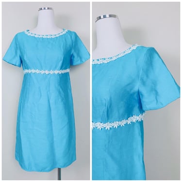 1970s Vintage Turquoise Empire Waist Mini Drses / 70s / Seventies Floral Applique Mod Babydoll Poly Silk Dress / Size Small - Medium 