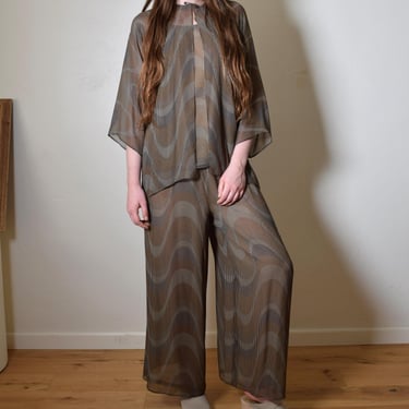 Chic 100% Silk Sheer YEOHLEE OP-ART Print Three Piece Resort Minimalist Boho Outfit Jacket Top Pants Set One Size 