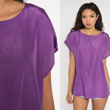 Purple Blouse Plain Silky Shirt Short Sleeve Top 80s 90s Top 1990s Simple Basic Vintage Buttonless Pullover Shirt Extra Large xl 