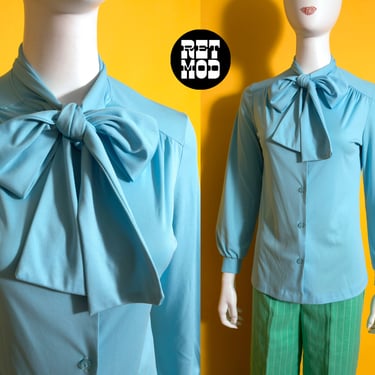Lovely Vintage 60s 70s Pastel Blue Pussybow Long Sleeve Blouse 