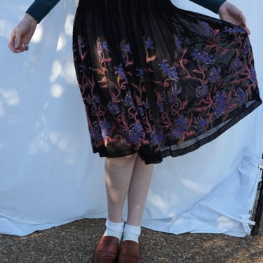 Dries Van Noten Skirt / y2k Midi Skirt / High Waist Designer Skirt in Gauze with Metallic Embroidery 