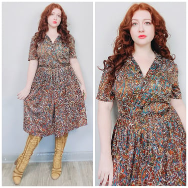 1960s Vintage Nylon Brown and Blue Paisley Dress / 60s / Sixties Fit and Flared Belted Shirt Dress / Size Extra Large 