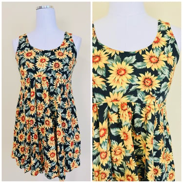 1990s All That Jazz Sunflower Babydoll Dress / 90s Grunge Floral Rayon Mini Dress / Small 