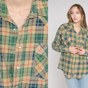 Plaid Pearl Snap Shirt Y2K Flannel Shirt Yellow Green Blue Checkered Button up Long Sleeve Grunge Boyfriend Top Vintage 00s Cotton Large L 