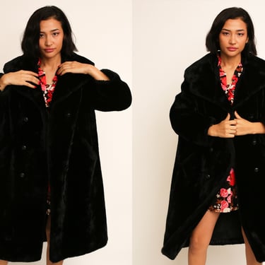 Vintage 1960s Jet Black Faux Fur Mid Length Swing Coat Jacket w/ Double Breasted Buttons and Satin Lininn 
