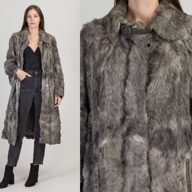 Vintage Curly Lamb Leather Trim Fur Coat, As Is - Medium | 90s Long Gray Boho Distressed Costume Jacket 