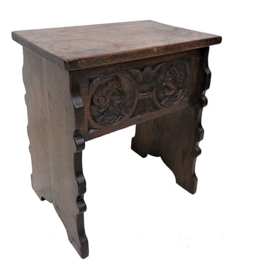 Small Wooden Stool | Antique English Dark Oak Carved Wood Lift Top Stool 