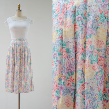cute cottagecore skirt | 80s 90s vintage pastel yellow pink purple romantic floral fit and flare polished cotton midi skirt 