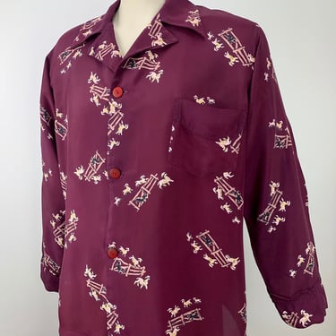1940'S Pajama Lounge Shirt - Counting Sheep - Slumber Number by JAYSON LABEL - Notched Collar - Vintage Rayon - Mens Size Medium plus 