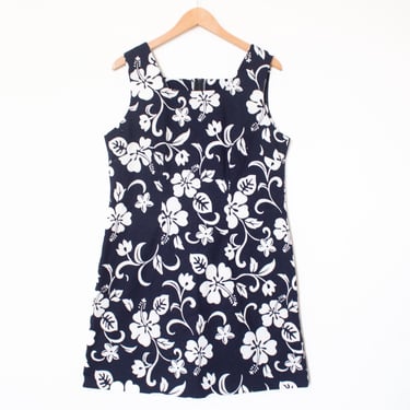 Shannon Marie | Vintage 90’s Navy Blue & White Hibiscus Flower Hawaiian Dress / Size XXL, Hawaii, Tropical / Vacation, Aloha, Sleeveless 