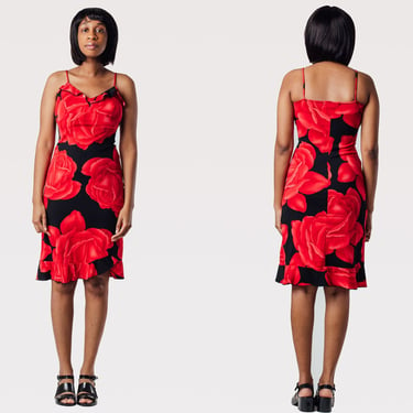 Vintage 90's Black and Red Floral Spaghetti Strap Tank Dress 