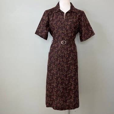1960s Deadstock Rockabilly Brown Shirt House Dress w/Belt | Carolina Maid | 14.5 