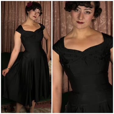 1950s Dress - Chic Vintage 50s Black Fit 'n Flare Party Dress in Sturdy Sateen with Button Accents 